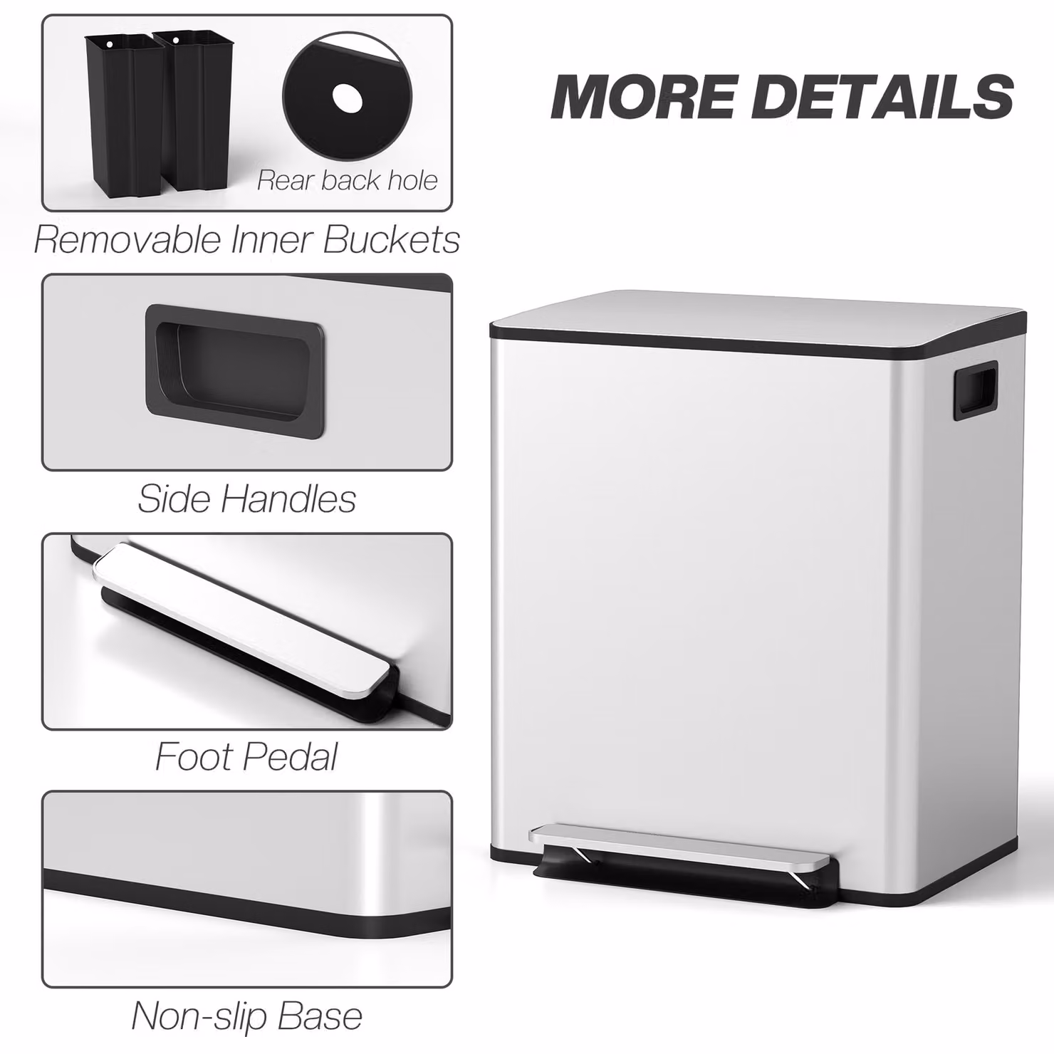 HOMCOM 50L Dual Compartment Stainless Steel Pedal Bin with Deodoriser Holders, Silver – 5