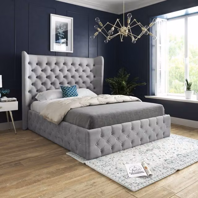 KDMD Florence Wide Winged Upholstered Soft Velvet Bed Frame in Grey, Size: Double (140 x 200 cm) – 1