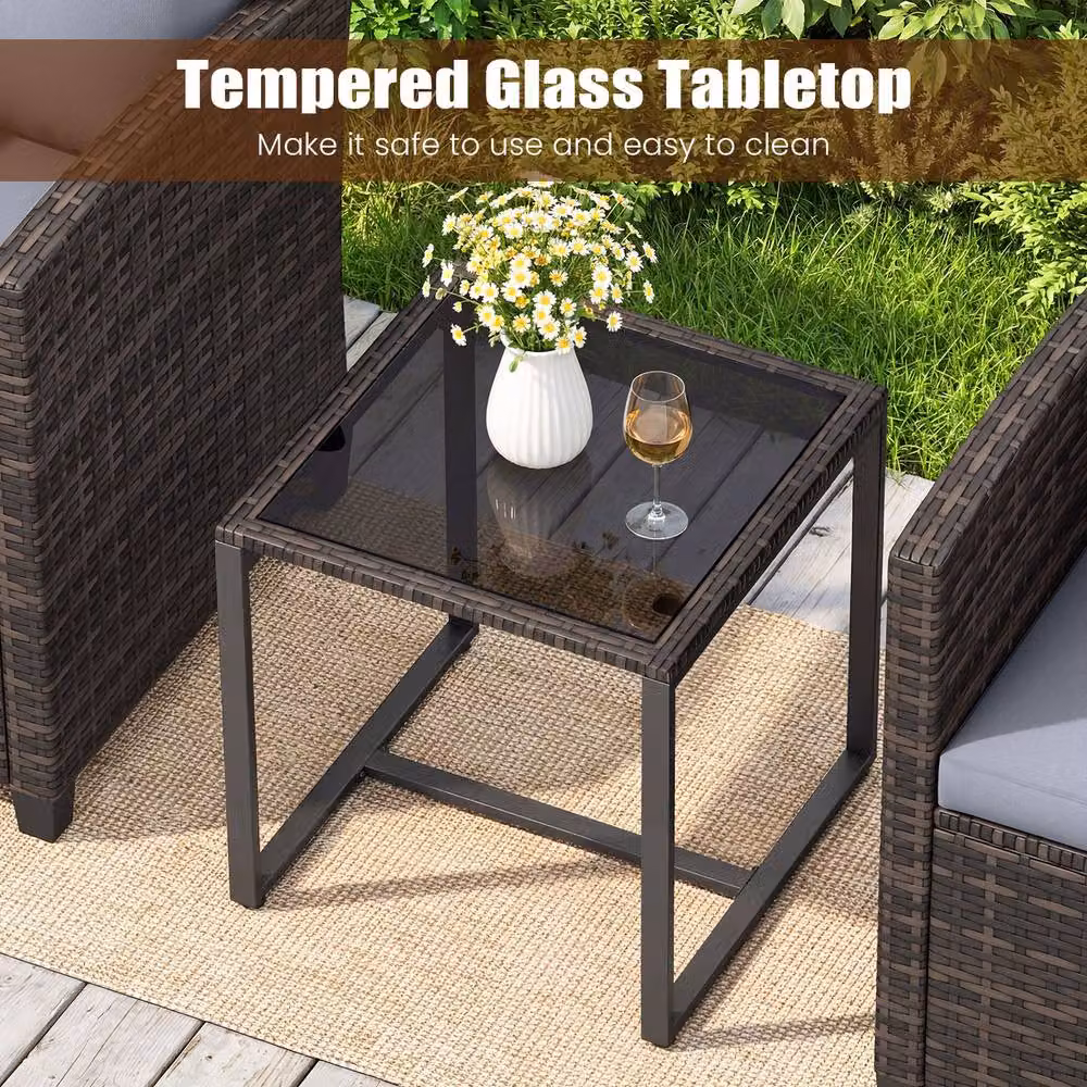 Costway 3-Piece Grey PE Rattan Outdoor Bistro Set with Upholstered Cushions and Coffee Table – 9