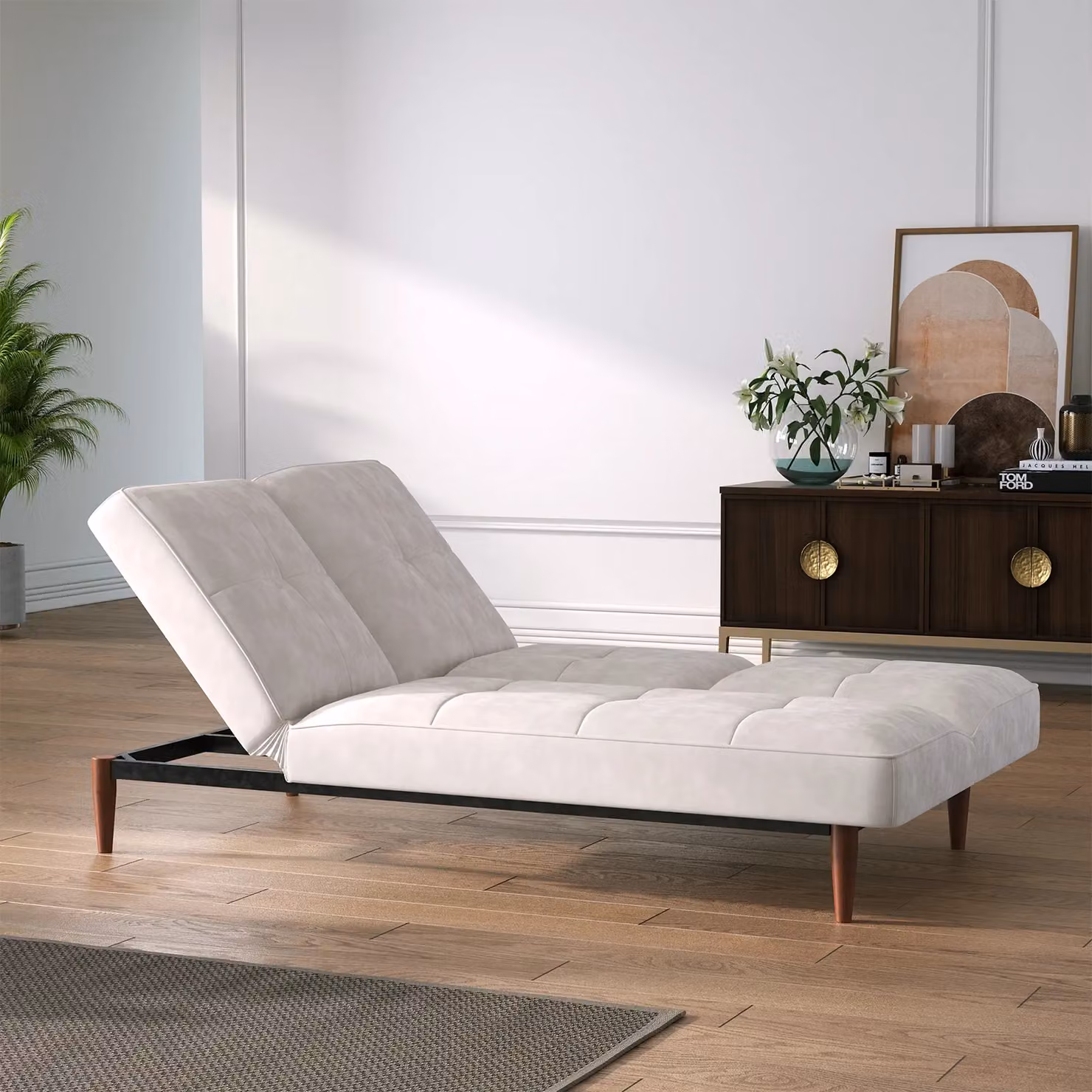 Living and Home 3 Seater White Microfibre Fabric Click Clack Sofa Bed with Walnut Wood Legs – 2