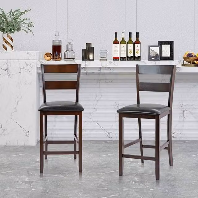EONLION Set of 2 Modern Black Synthetic Leather and Rubberwood Bar Stools – 1