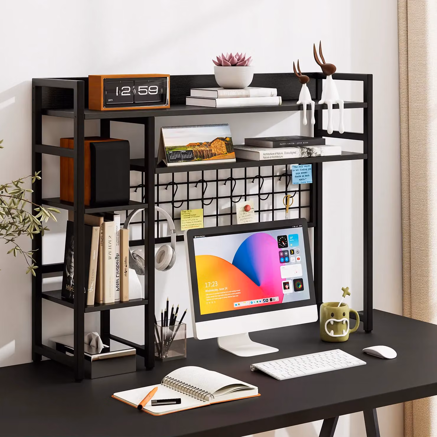 Gymax 4-Tier Metal Desk Shelf with Black Grid Panel and Matt Finish – 6