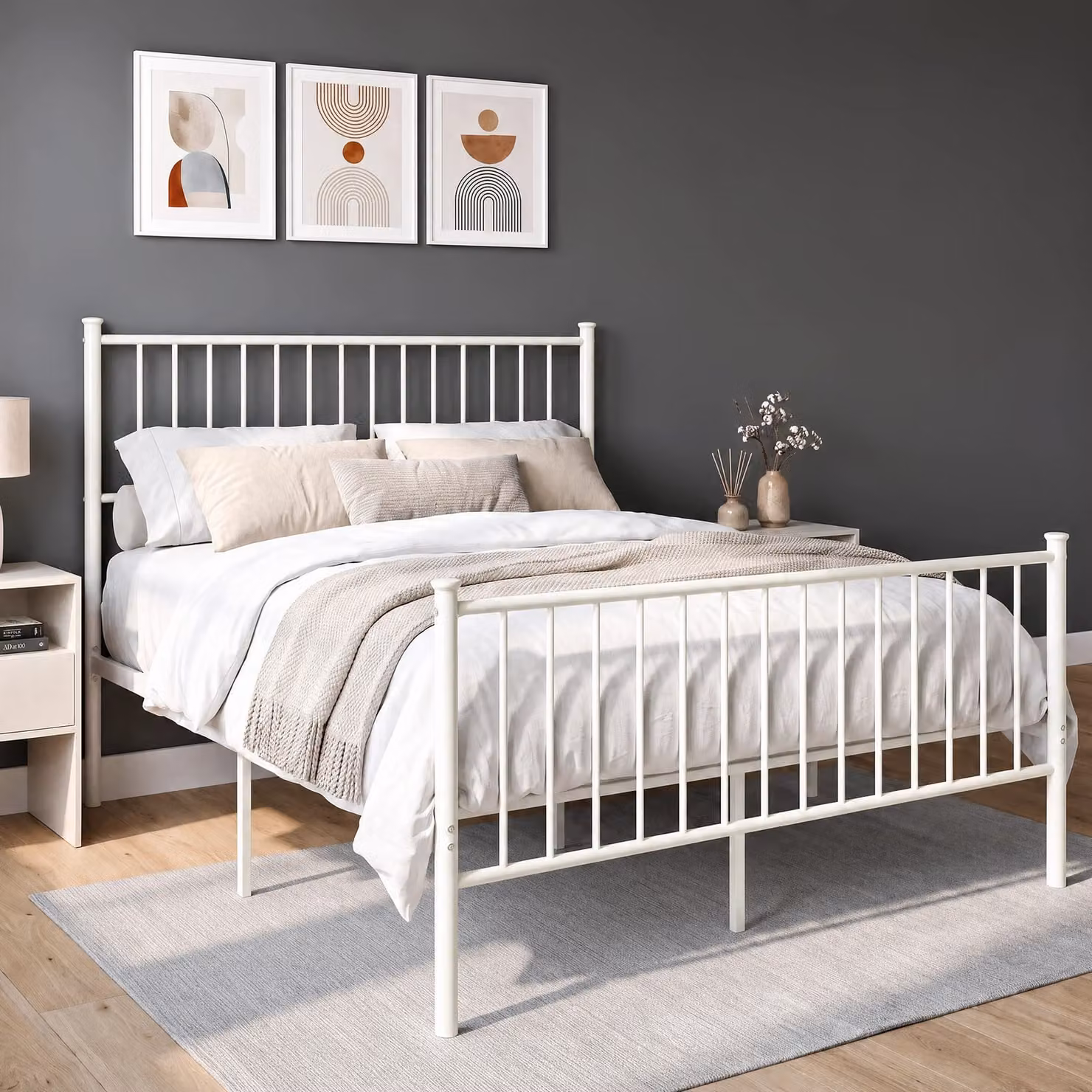 DHS White Lacquered Metal Bed Frame with High Headboard, W/D/H: 100 x 200 cm
