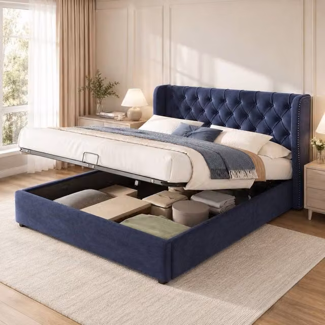 Merax Blue Velvet Upholstered Double Ottoman Storage Bed Frame, W: 135 cm x D: 190 cm