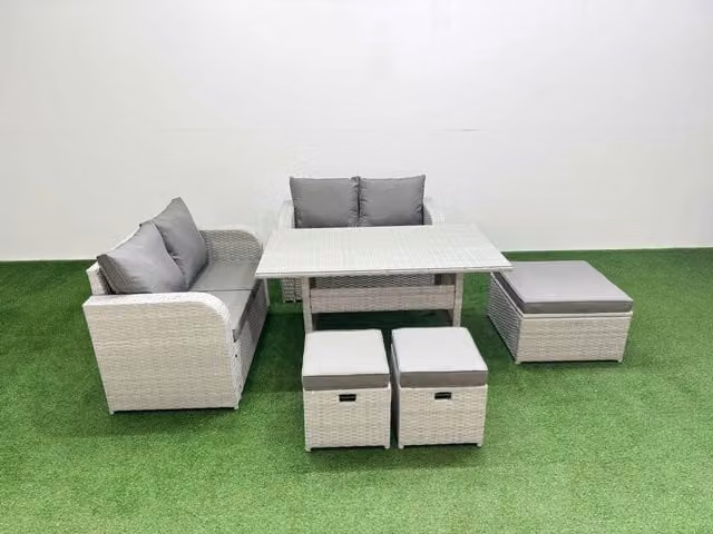 Fimous 7 Seater Rattan Garden Furniture Set with Rectangular Dining Table and 3 Footstools in Light Grey