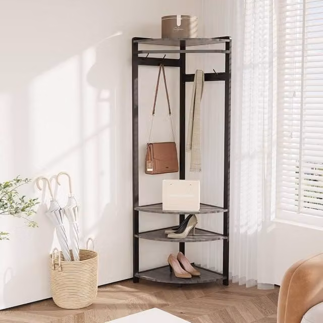 London Boutique Hall Tree Storage Bench and Coat Rack with Shelf and 6 Hooks in Grey