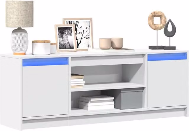 Berkfield Home Modern White Glossy TV Cabinet with Integrated LED Lighting, W/D/H: 139.5 x 34 x 50 cm