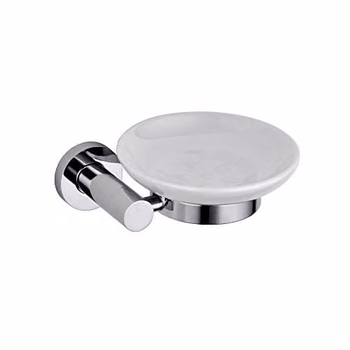 Nes Home Chrome and Brass Wall Mounted Round Ceramic Soap Dish in Silver and White