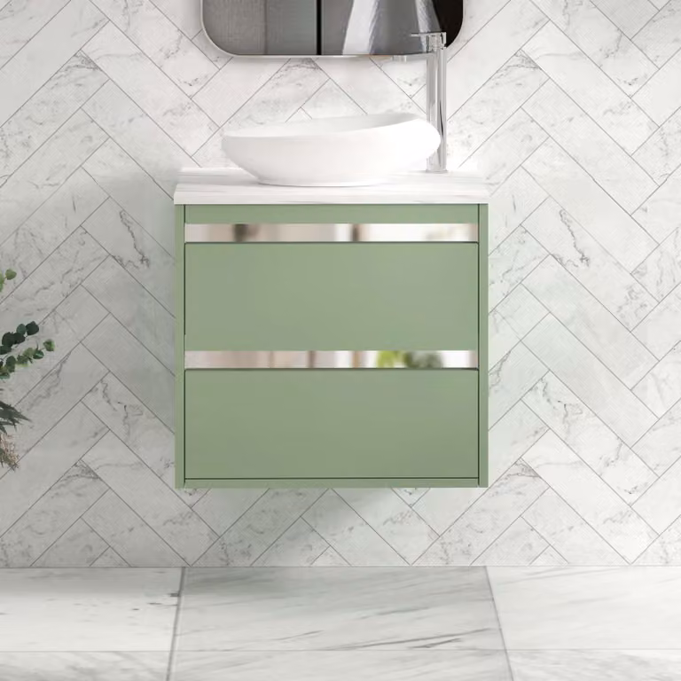 Royal Bathrooms Orion 600mm Mint Sage Wall Hung Countertop Vanity Unit with 2 Drawers, Nova Basin and Chrome Accent Trim