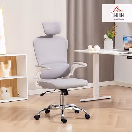 HOMCOM Ergonomic Grey Fabric Home Office Chair with Headrest and Armrests – 2