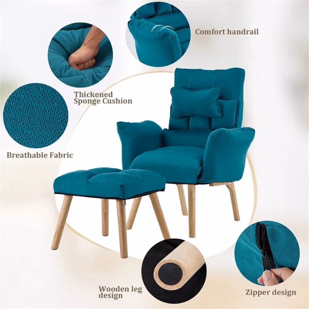 Kelvenix Blue Relax Lounge Chair with Footstool and Armrests in Teal Fabric – 5
