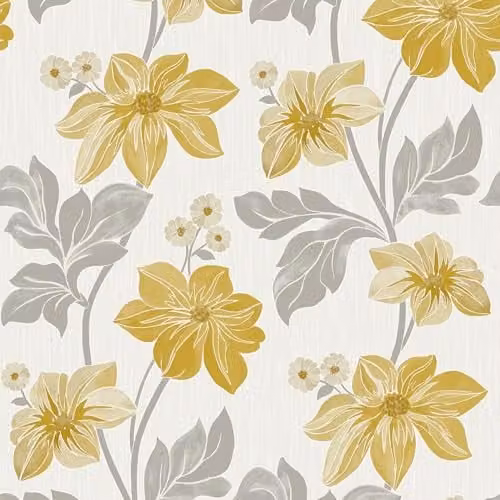 Grandeco Clametis Trail Yellow Botanical Floral Textured Vinyl Wallpaper