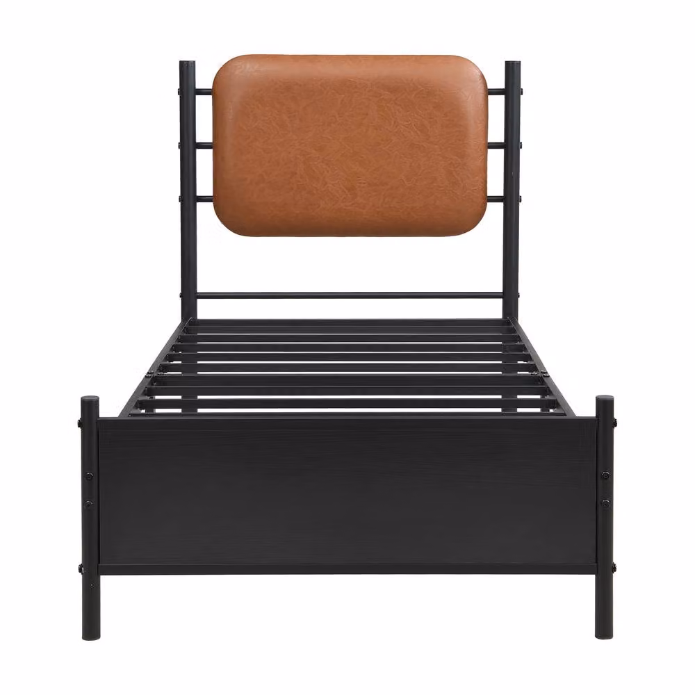 Matteo Black Wrought Iron Single Bed Frame with PU Upholstered Headboard – 3