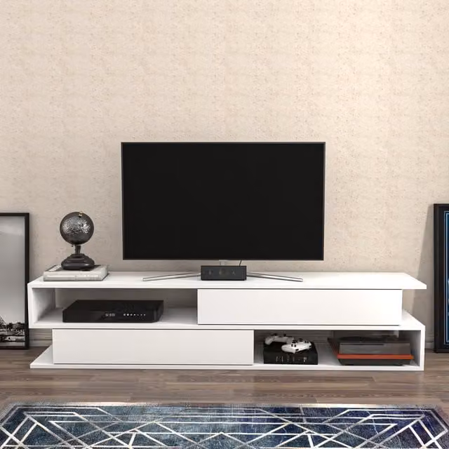 Decorotika Cortez Modern White Geometric TV Unit for TVs up to 182 cm – 1