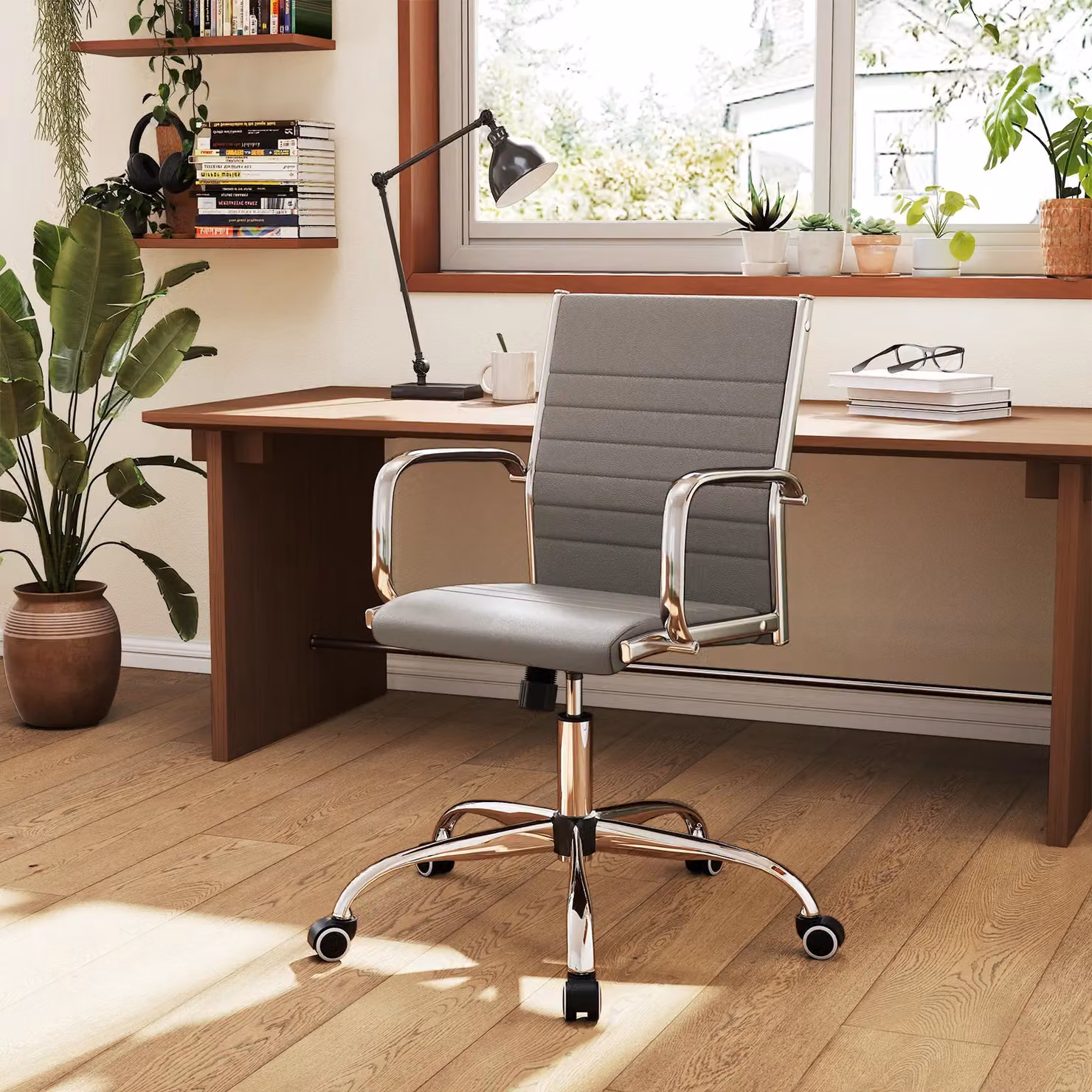 Costway Grey Synthetic Leather Swivel Office Chair with Armrests and Castors – 3