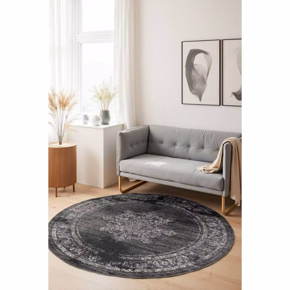 THE RUGS Gloria Lydia Vintage Oriental Round Rug in Dark Grey, Diameter: 160 cm – 3