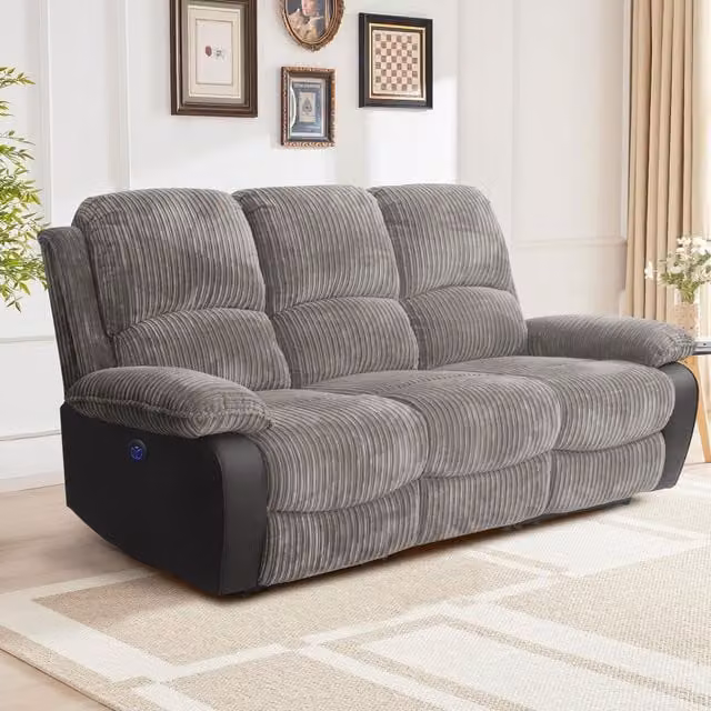 Comfy Living 3 Piece Fabric Cord Electric Recliner Set in Grey or Brown