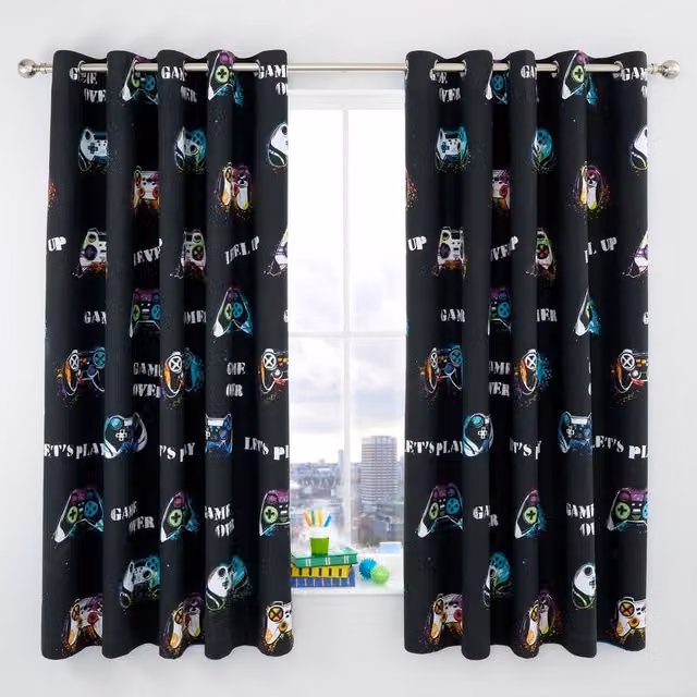 Catherine Lansfield Game Over Black Eyelet Curtains, W: 168 cm, H: 183 cm – 1