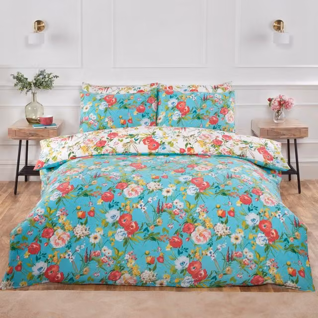 Rapport Home Reversible Floral Microfibre Duvet Cover Set in Blue and Turquoise, W/D/H: 220 x 200 cm