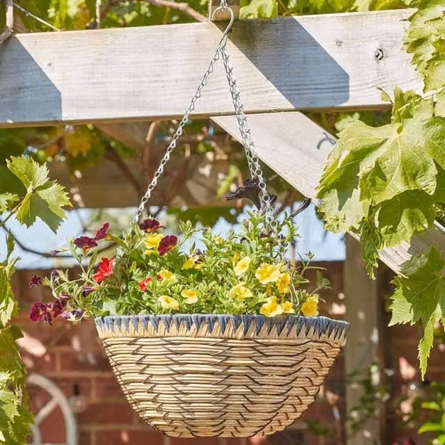 Marco Paul Savanna Faux Rattan Hanging Flower Basket Planter, Brown, Diameter: 35.56 cm – 1