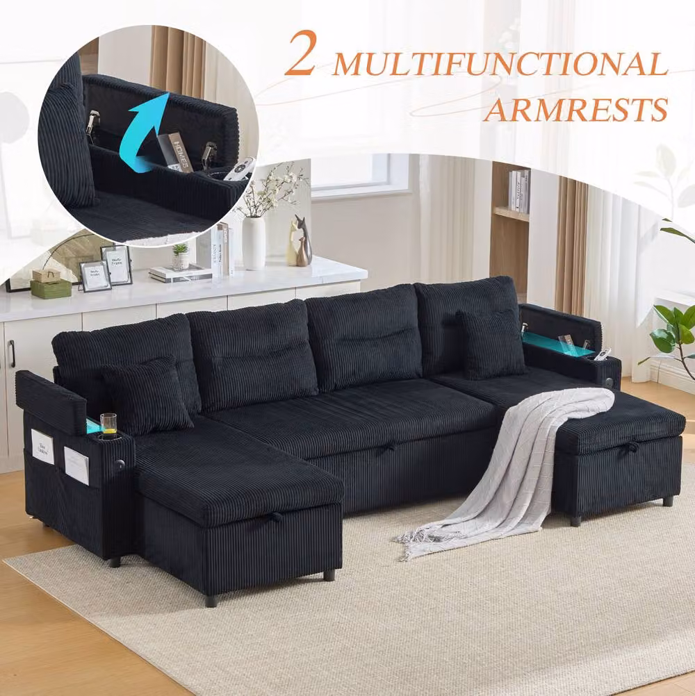 STILVORA 4-Seater Corduroy L-Shape Sofa in Black with Dual Chaise, Storage, USB Charging and Cup Holders, W: 272 cm, D: 136 cm, H: 86 cm – 6