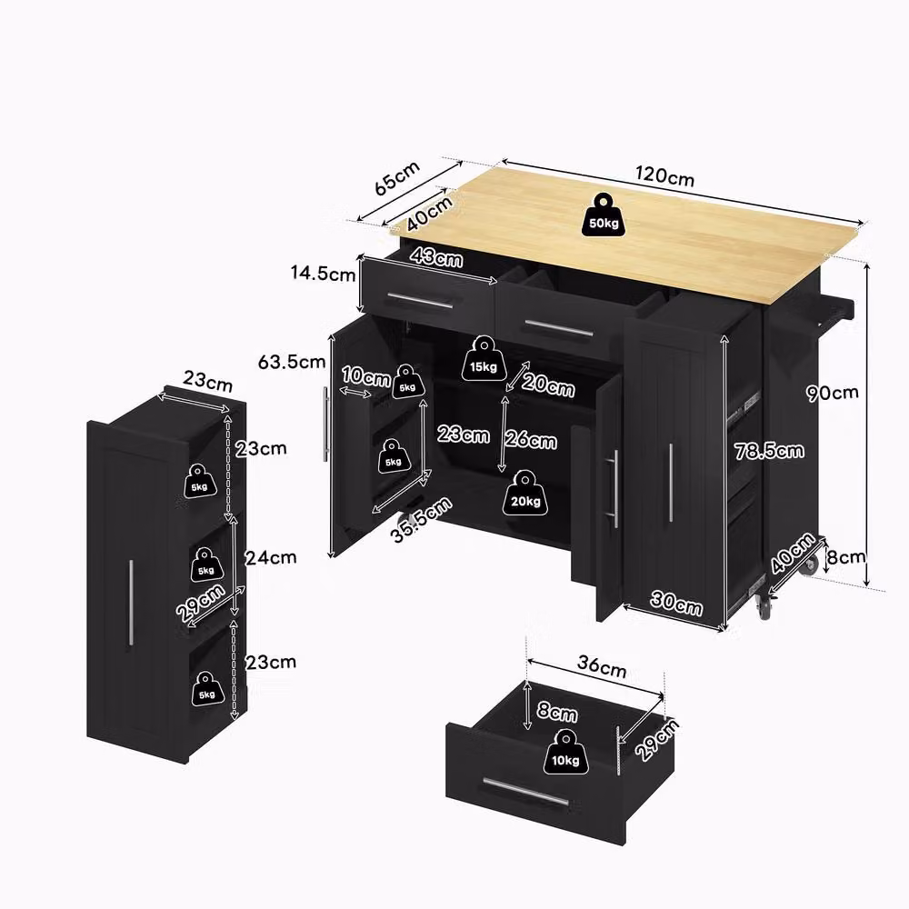 Matteo Mobile Kitchen Island with Drop Leaf and Storage Organiser in Black – 3