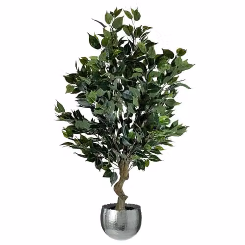 Leaf Design 100cm Realistic Artificial Ficus Tree in a Silver Curve Planter, Green – 1