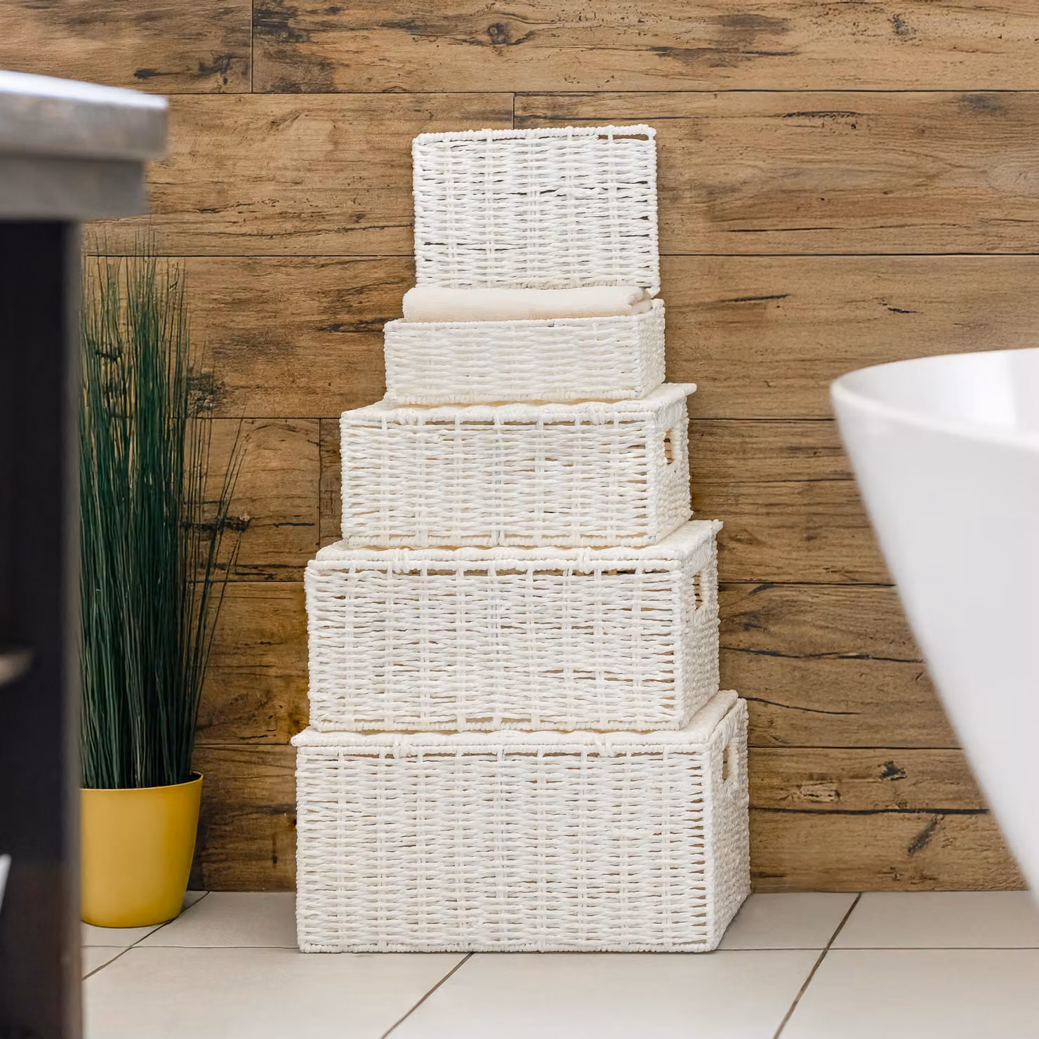 Marco Paul Set of 4 White Open Weave Paper Rope Storage Baskets with Lids and Handles – 5