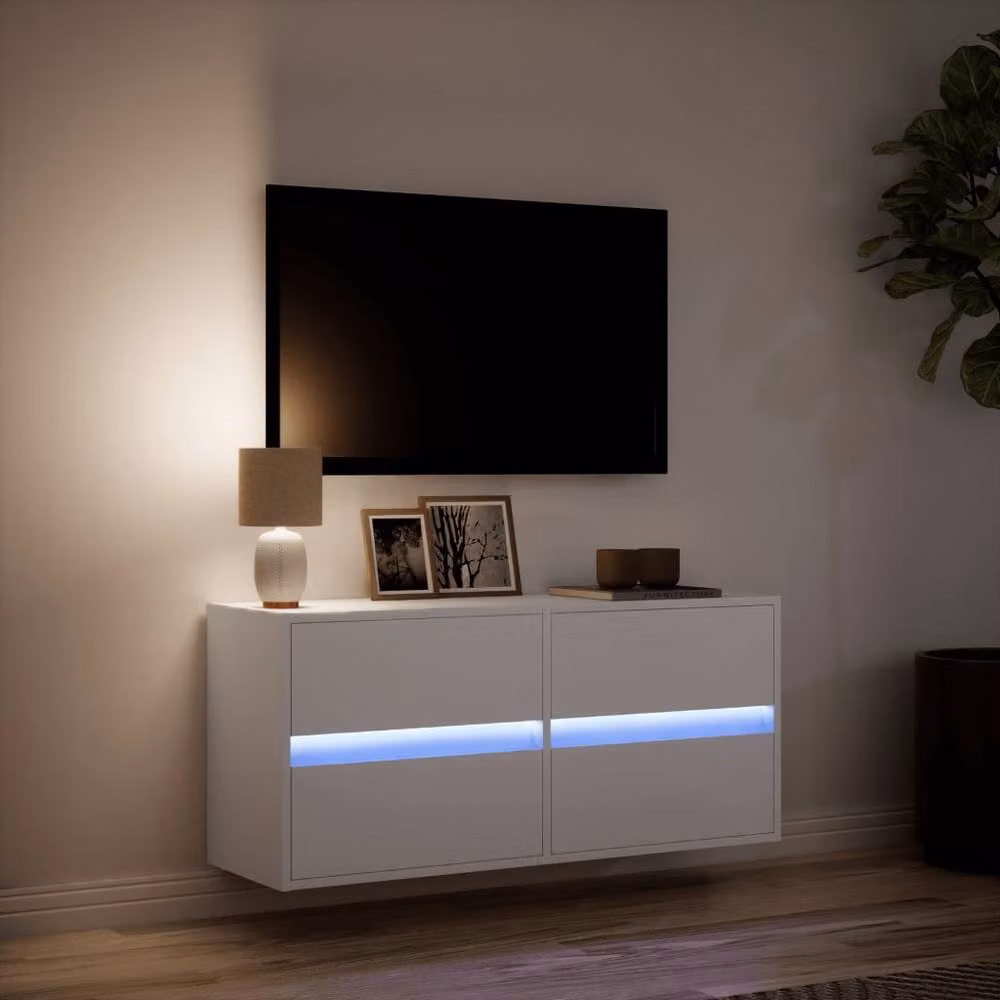 Berkfield Home Modern White TV Wall Cabinet with LED Lights, W/D/H: 100 x 31 x 45 cm – 3