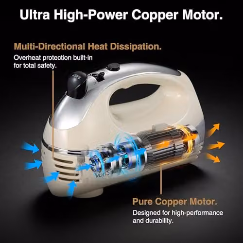 VonShef 5 Speed Electric Hand Mixer with 300W Motor and Stainless Steel Attachments, Cream – 3