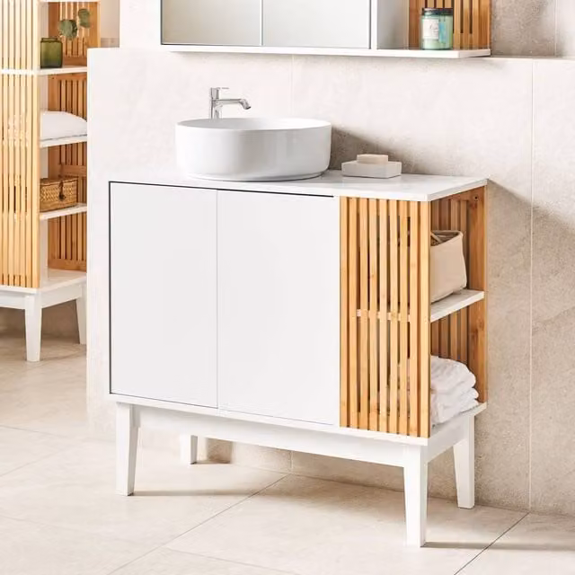 Wyld and Coco White and Light Wood Freestanding Washbasin Cabinet with Bamboo Accents, W/D/H: 74 x 35 x 80 cm
