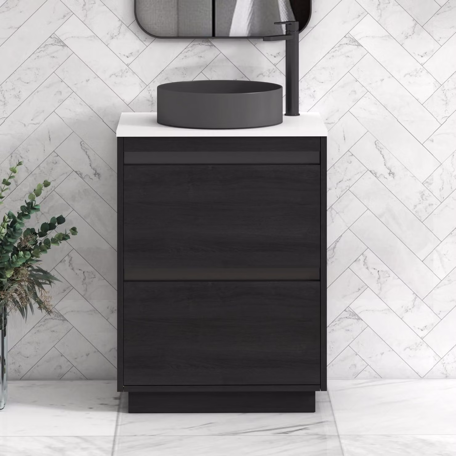 Royal Bathrooms Orion 600mm Hale Black Floor Standing Plain White Countertop Vanity Unit with 2 Drawers and Art Round Basin