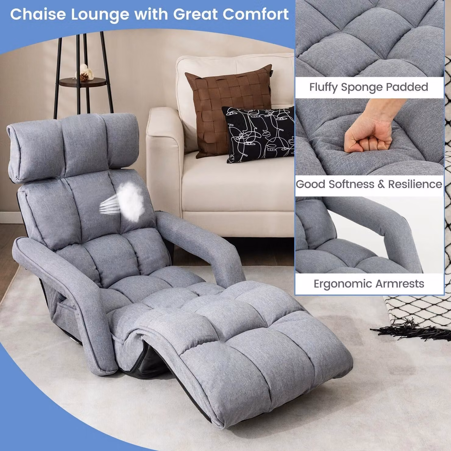 Costway Grey Folding Sofa Chair with Armrests and 6 Adjustable Positions – 3