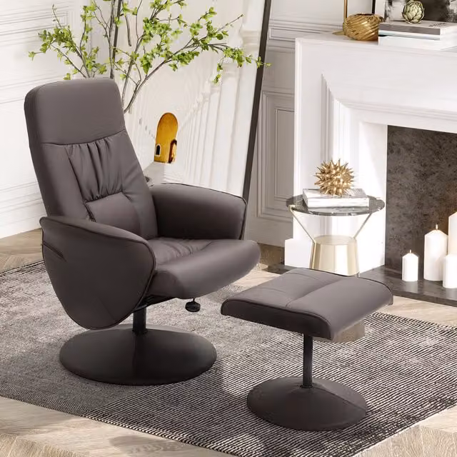 HOMCOM 2 Piece Reclining Armchair and Ottoman Set in Brown PU Leather with 360 Degree Swivel