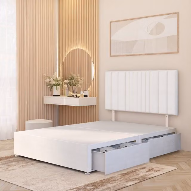 Somnior Beds Ltd Arizona White Plush Velvet Upholstered Divan Bed Base with Drawers, W/D/H: 180 x 200 cm