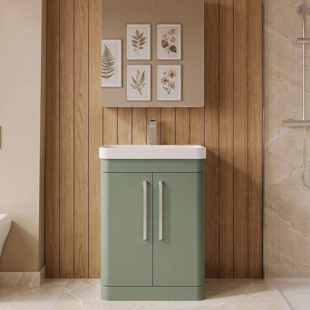 Balterley Wave 600mm Floor Standing 2 Door Bathroom Vanity Unit with Basin and 1 Tap Hole in Satin Green – 2