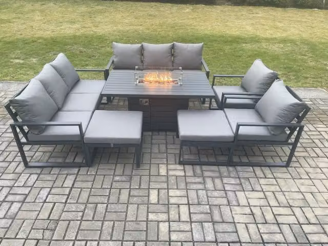 Fimous Aluminium Outdoor Garden Furniture Set with Gas Fire Pit Dining Table and 2 Footstools in Dark Grey