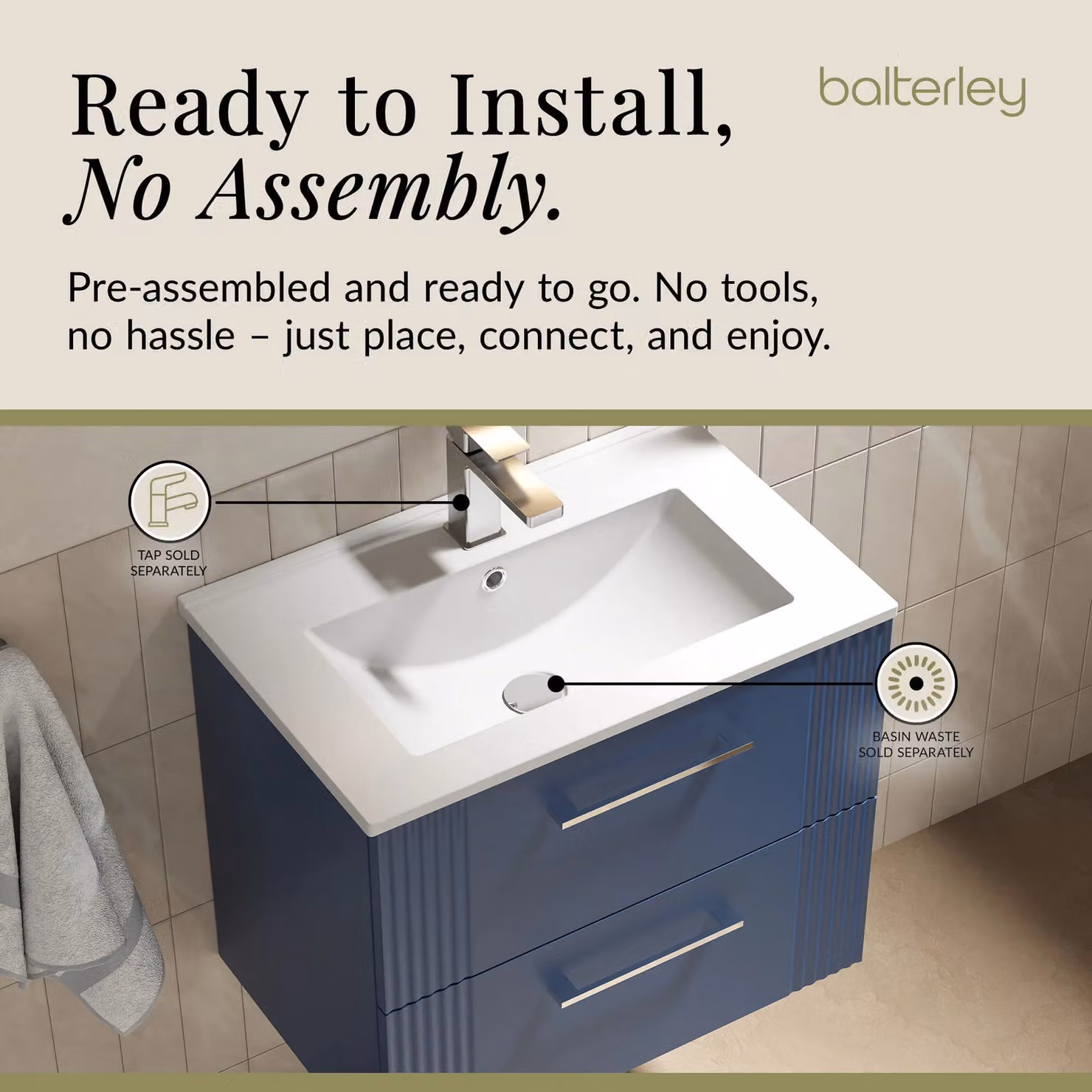 Balterley Wall Hung 2 Drawer Vanity Unit with Minimalist Basin, Satin Blue, Width: 60 cm – 4