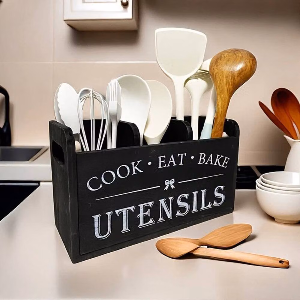 FLAVORA Black Wooden Freestanding Kitchen Cutlery Holder and Spoon Fork Storage Rack, Width: 50 cm – 2