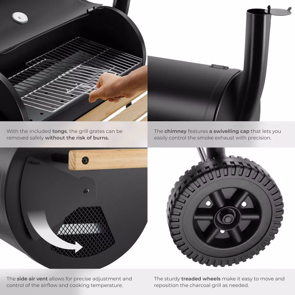 tectake 2-in-1 Charcoal Grill Smoker with Thermometer and 2 Chambers, Black, W/D/H: 116.0 x 110.0 cm – 5