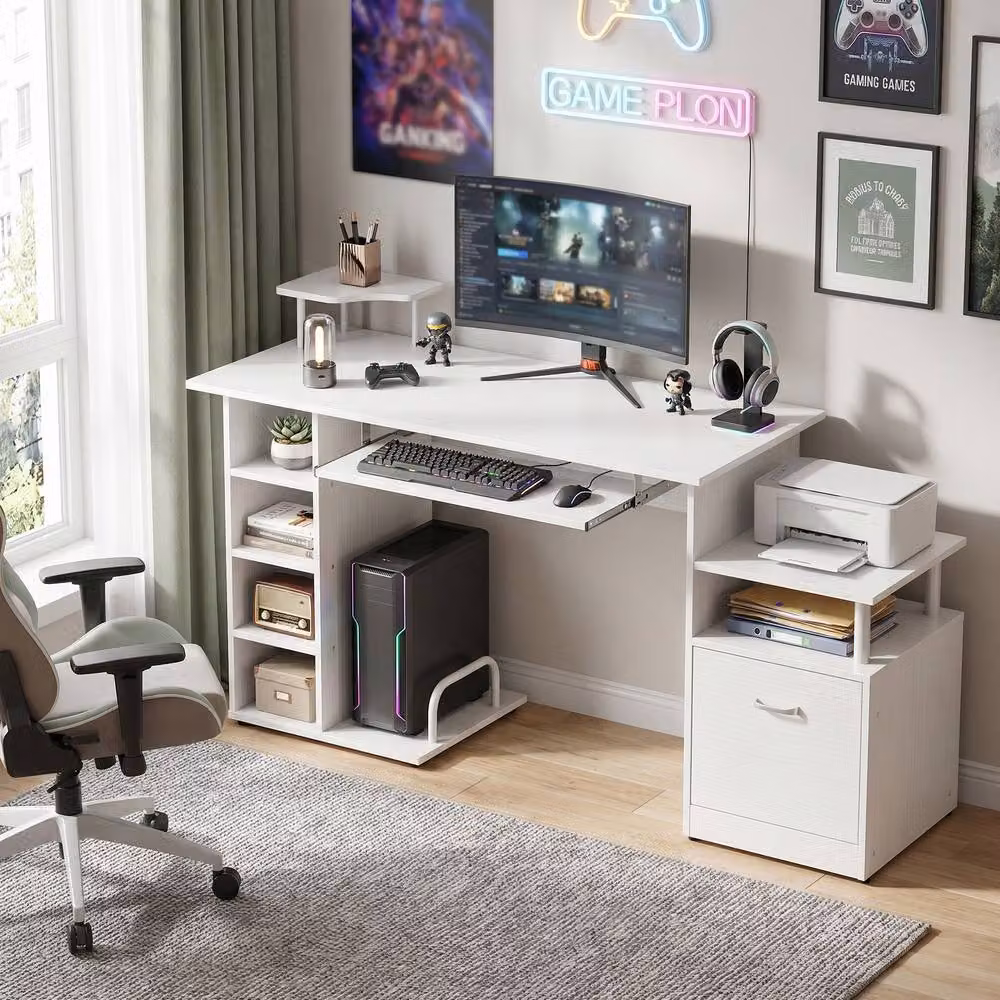 Rolipo Modern Computer Desk with Drawer, Shelves and CPU Storage Rack in White – 3