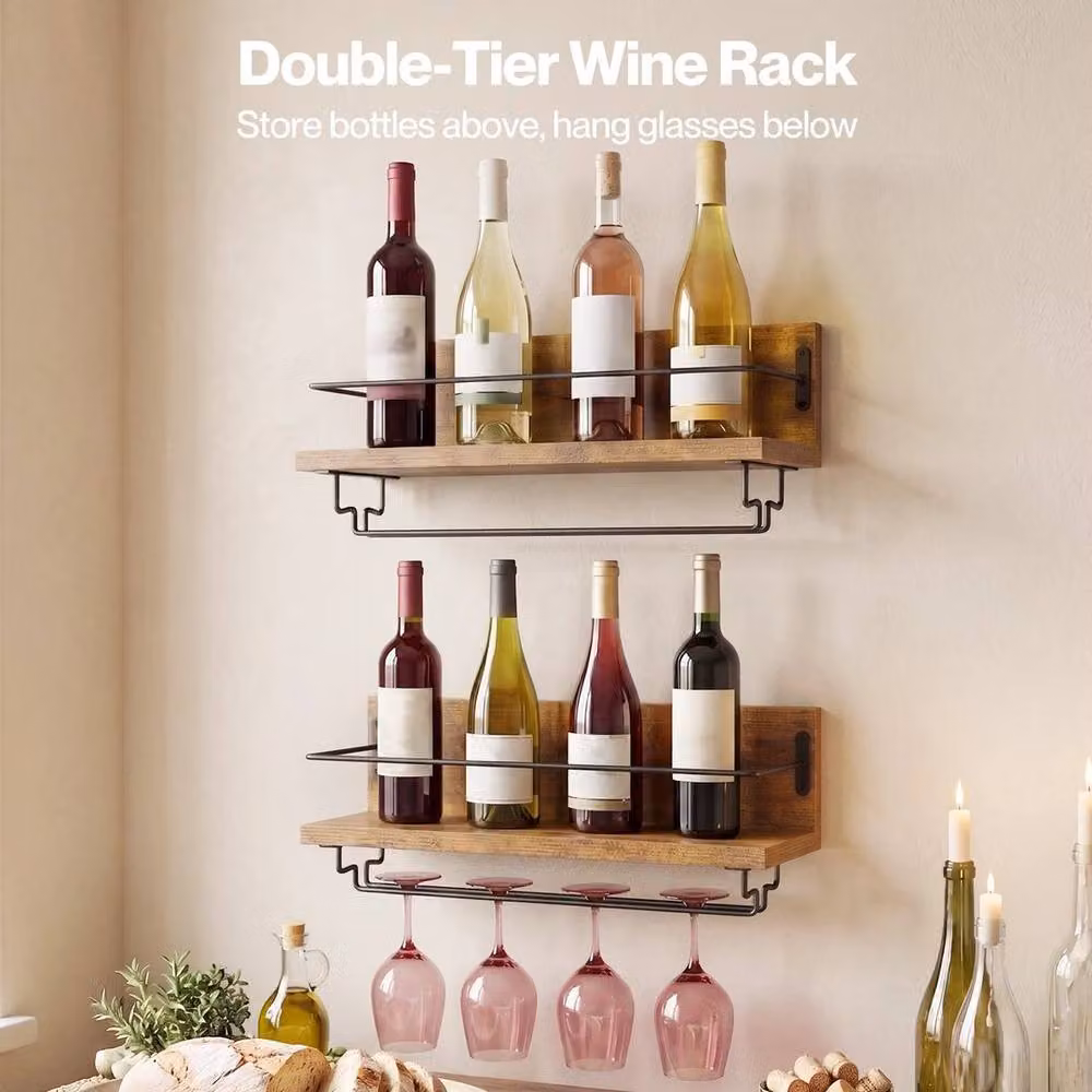 SPETLEK Wall Mounted Industrial Wine Rack with Glass Holder in Matt Brown – 3