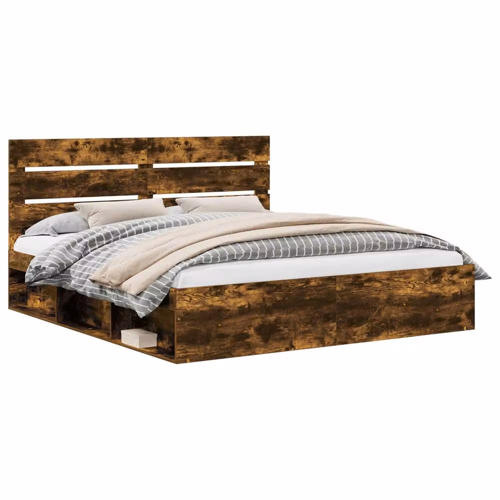 Berkfield Home Smoked Oak Bed Frame in Brown, Solid Pine and Engineered Wood, 200 x 200 cm – 2