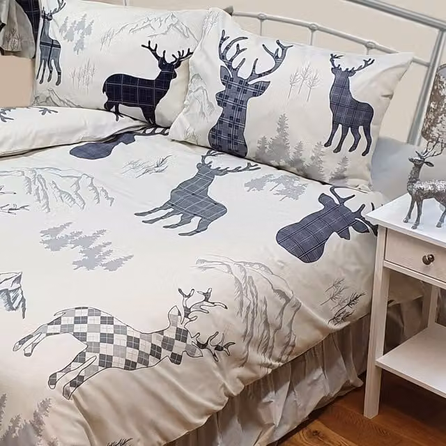 My Home Highland Stag Duvet Cover and Pillowcase Set in Grey and Blue, W/D/H: 200 x 200 cm and 50 x 75 cm