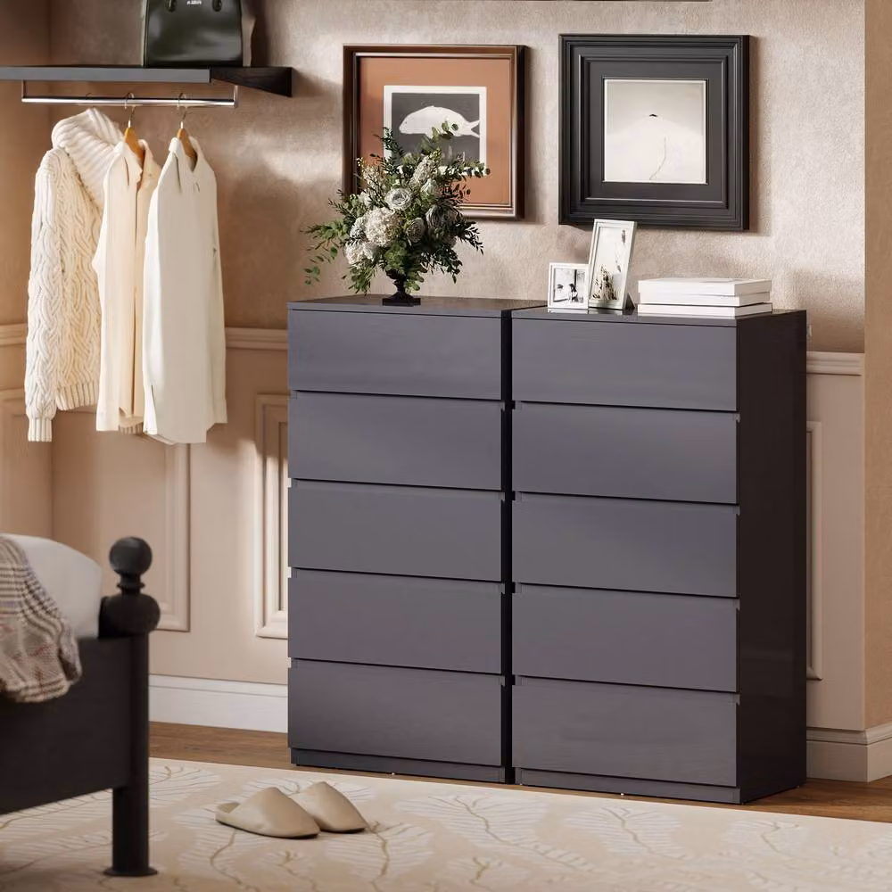 STILVORA Grey Glossy 5-Drawer Chest of Drawers with Soft-Close Drawers – 6