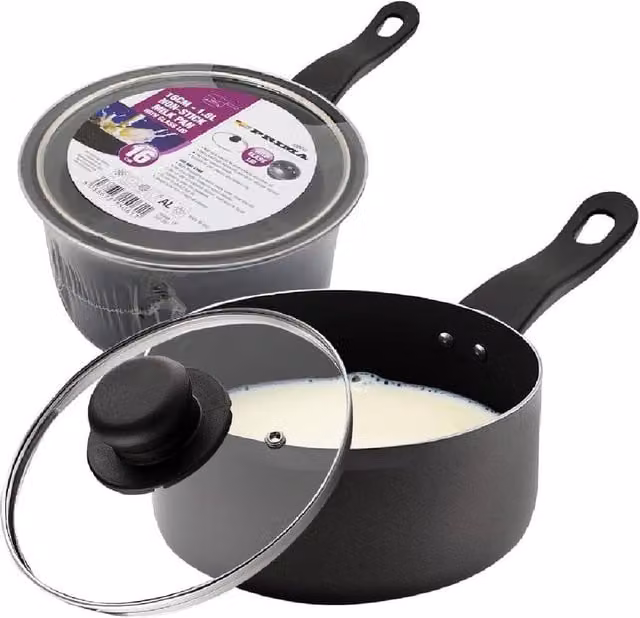 BARGAINS-GALORE Non Stick Milk Pan with Glass Lid, Black, 16 cm – 1