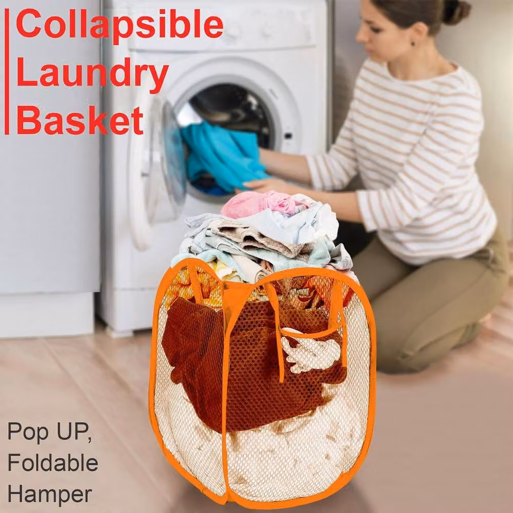 ATEK Collapsible Pop Up Laundry Basket with Handles and Side Pocket in Orange – 3
