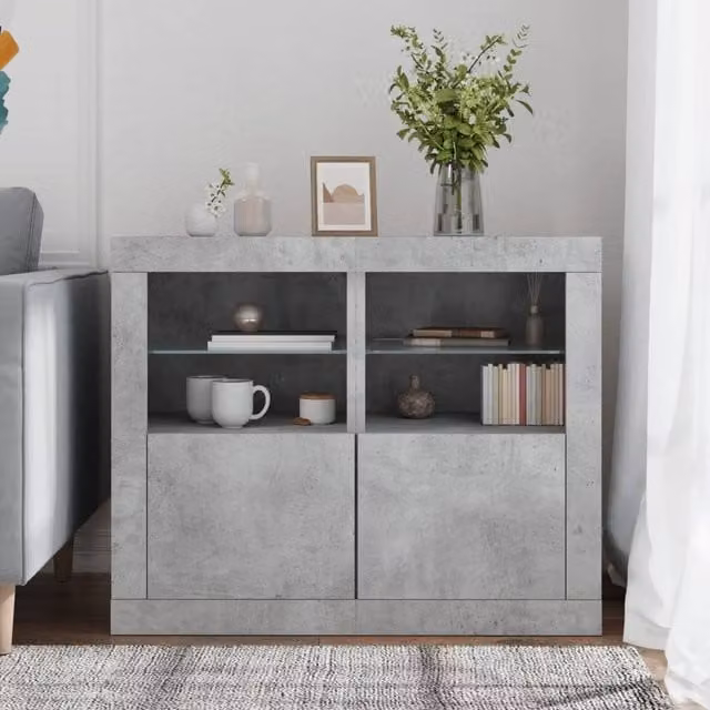 Berkfield Home Set of 2 Modern Side Cabinets in Concrete Grey with Integrated LED Lighting and Glass Doors – 1