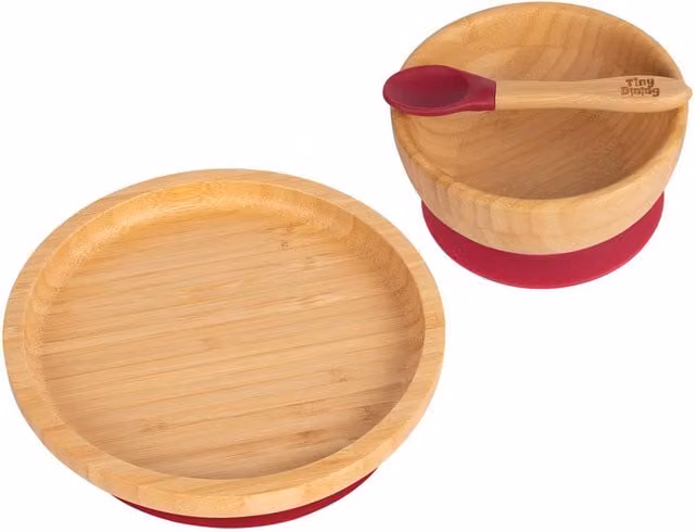 Tiny Dining Red Bamboo and Silicone Suction Round Dinner Set for Babies