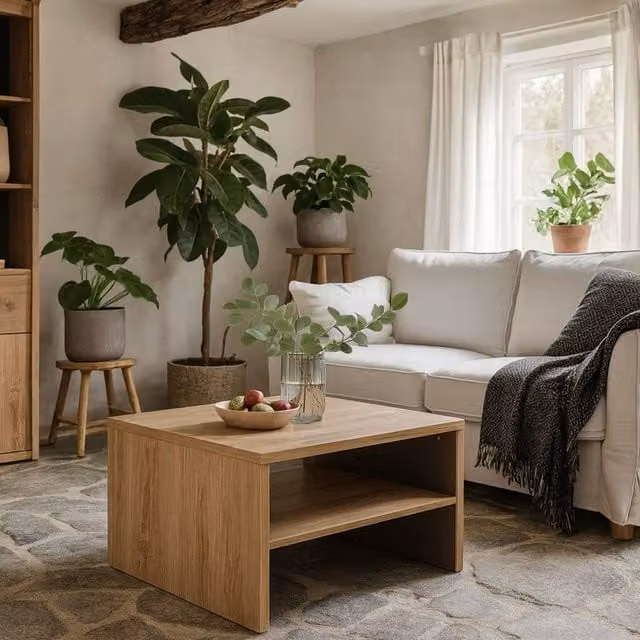 Wyld Haus Athens Square Coffee Table in Natural Oak Effect with Shelf, W: 75 cm, D: 75 cm, H: 48.5 cm
